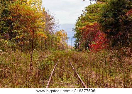 An old overgrown abandoned bygone railway track in Hudson Quebec Canada, surrounded by a blaze of fall colors.