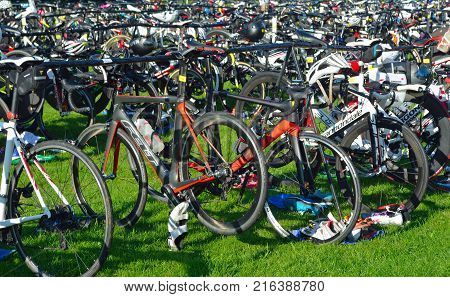 GRAFHAM, CAMBRIDGESHIRE, ENGLAND - AUGUST 06, 2017: Bicycles at triathlon  change over station