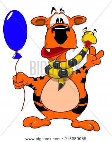 Cheerful tiger with a snake on the neck holds an air balloon, vector illustration