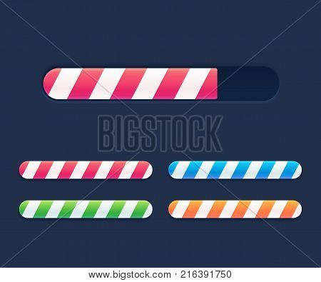 Progress loading bars set, striped interface elements. Bright vector preloaders.