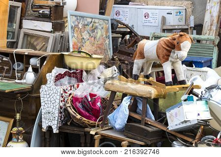 TEL AVIV-JAFFA, ISRAEL - 24 NOVEMBER 2017:Street flea market of old things and antiques in the old district of Tel Aviv