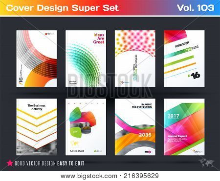 Set of design of business vector template, brochure, abstract annual report, cover, flyer in A4 with olourful round, soft, triangular shapes, abstract lines for finance, teamwork with background.
