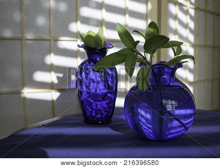 Two blue vases still life on blue cloth with reflections on screen behind.