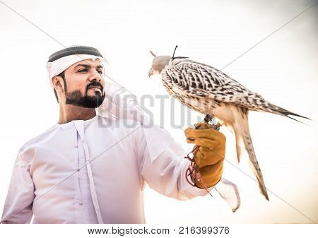Arabian man walking in the desert at sunrise