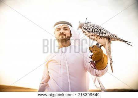 Arabian man walking in the desert at sunrise