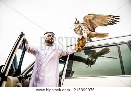 Arabian man walking in the desert at sunrise