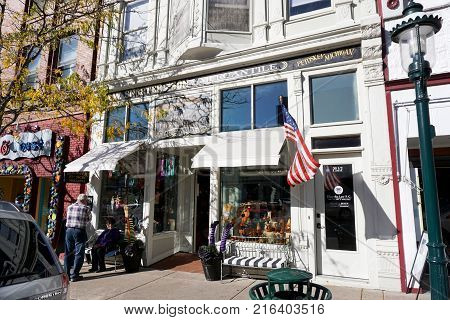 PETOSKEY, MICHIGAN / UNITED STATES - OCTOBER 18, 2017: One may purchase home furnishings, gifts and antiques at J.W. Shorter and Son Mercantile, on Lake Street in downtown Petoskey.