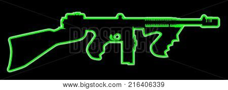 A green neon light outlineTommy gun as used by gangsters in the roaring twenties on a black background