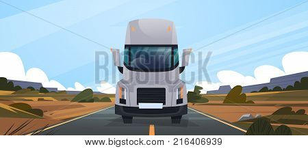 Big Truck Trailer Driving On Road In Contryside Front View of Vahicle Delivery Natural Landscape Vector Illustration