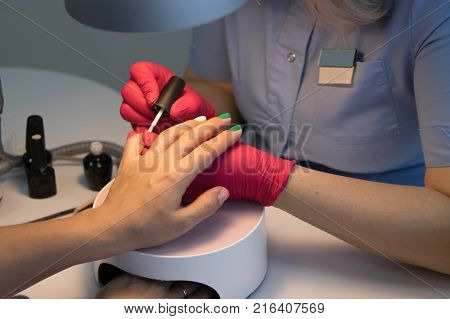 master in the beauty salon getting a manicure client