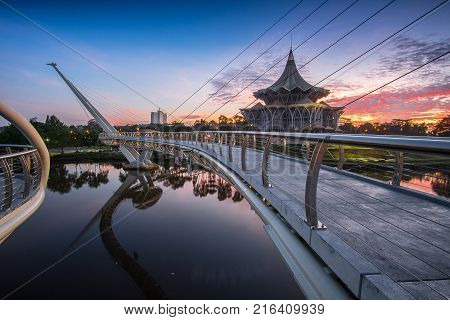 darul hana bridge &  sarawak assembly building during sunrise.kuching sarawak