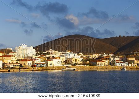PSARA, GREECE - NOVEMBER 9, 2017: Morning view of Psara village and its main church on November 9, 2017.