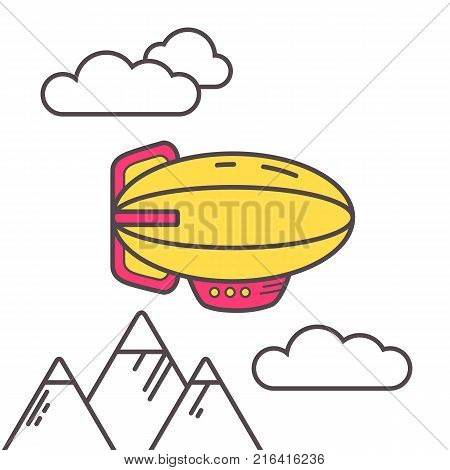 Vector flate linear cute little airchip flyin under mountains in the sky with clouds. Zeppelin, icon style. Bright color
