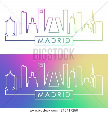 Madrid skyline. Colorful linear style. Editable vector file.