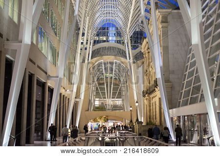 Toronto Canada - Oct 21 2017: Interior of the Brookfield Place in Toronto. Brookfield Place is an office and shopping complex downtown in Toronto Canada