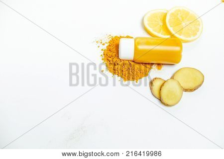 Ginger Shot Healthy Drink With Curd In A Plastic Bottle On White Background. Immunity Boosting Tonic