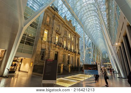 Toronto Canada - Oct 21 2017: Interior of the Brookfield Place in Toronto. Brookfield Place is an office and shopping complex downtown in Toronto Canada