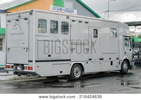 Tyumen Russia - July 21 2007: Tyumen hippodrome. Horse van for animal transportation