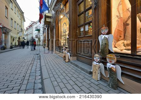 VILNIUS LITHUANIA - December 02: christmas decorations in street of Vilnius on December 02 2017 in Vilnius Lithuania. In 1994 the Vilnius Old Town was included in the UNESCO World Heritage List.