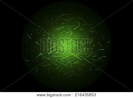 Glowing high energy particles flowing inside a sphere isolated over black background