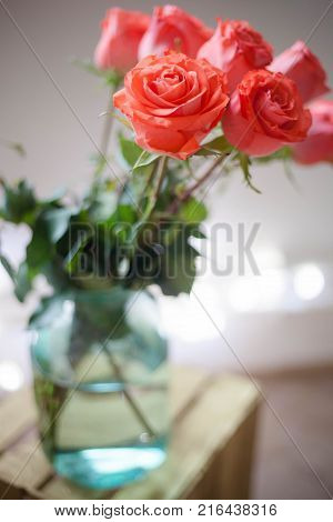 Luxury bouquet made of red roses in flower shop Valentines Bouquet of red roses. Close-up.