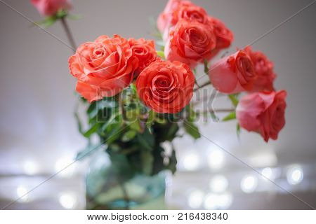 Luxury bouquet made of red roses in flower shop Valentines Bouquet of red roses. Close-up.