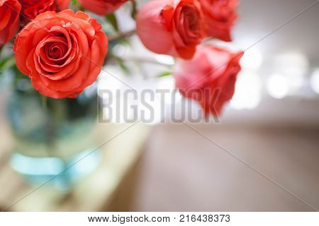 Luxury bouquet made of red roses in flower shop Valentines Bouquet of red roses. Close-up.