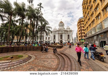 Cali Colombia - June 10: Unidentified People Walk Through The Plaza De Caicedo The Primary Plaza In 
