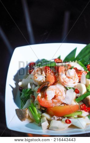 close up prawn spicy salad groumet cuisine