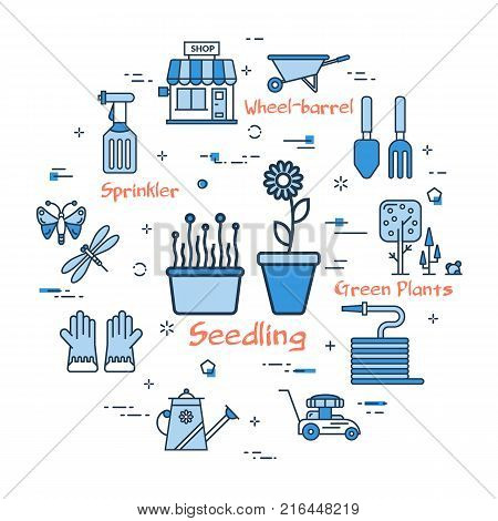 Vector linear blue round concept of Seedling. Thin line icons of two pots with young plants. Modern web banner on white background