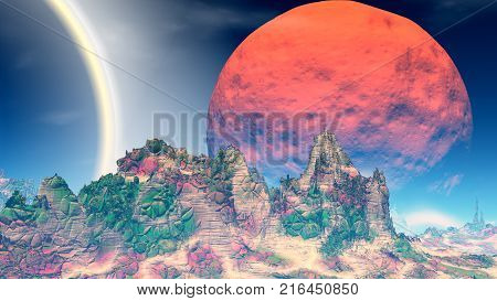 Fantasy alien planet. Rocks and sky. 3D illustration