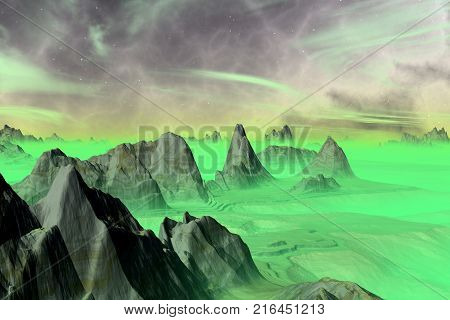 Alien Planet. Rocks And Sky. 3D Rendering