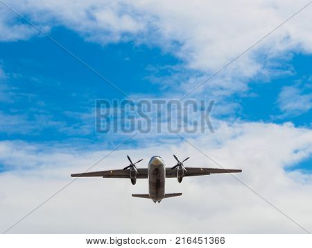 airplane takes off from airport in northern russia in early spring