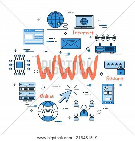 Vector linear blue round concept of WWW internet. Thin line icons of world wide internet connection. Modern web banner on white background