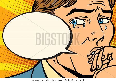 Retro comic man cries and says. Comic book cartoon pop art retro Illustrator vector drawing