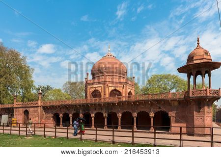 AGRA INDIA - MARCH 17 2016: Horizontal picture of beautiful dome of the mosque inside the Taj Mahal Complex landmark of India located in Agra Uttar Pradesh.