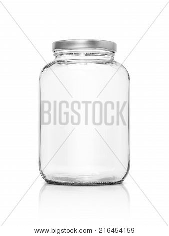 Clear glass bottle with silver cap isolated on white background with clipping path