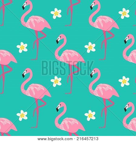 Vector seamless pattern with flamingo and flowers on the blue background