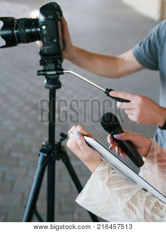 modern video filming equipment. contemporary devices in creating quality content for vlogs or tv programmes concept