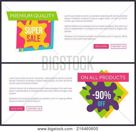 Premium quality super sale, on all products -90 off total discounts vector promo price labels on online web pages, buttons read more and contact us