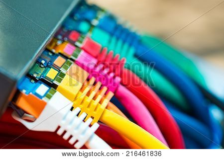 Colorful network cables connected to a switch