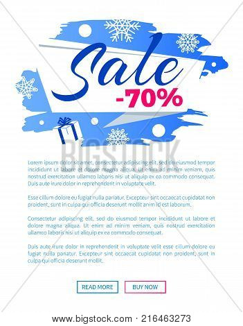 Sale winter discount inscription on blue label abstract brush strokes backdrop decorated with snowflakes vector illustration internet page design