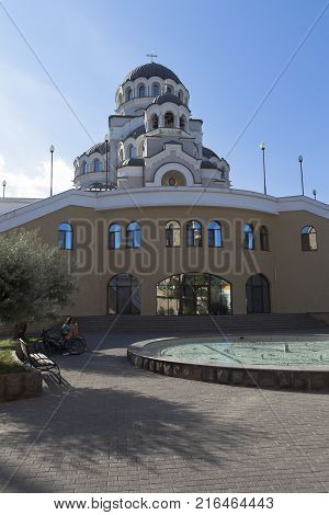 Adler, Krasnodar region, Russia - July 9, 2016: Temple Holy Face of Christ the Savior at sunrise in settlement Adler, Sochi, Krasnodar region, Russia