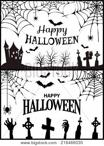 Happy Halloween wish poster with scary castle and cemetery with monsters, bats and spiders. Vector illustration with horror location on white background