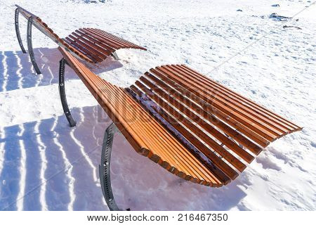Empty wooden park bench in winter on a sunny day