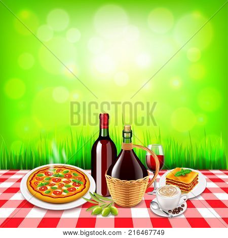 italian food on checkered tablecloth table and green grass background photo realistic vector