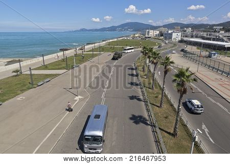 Adler, Sochi, Krasnodar region, Russia - July 9, 2016: View of the street of the Enlightenment and promenade in the resort settlement Adler from the lookout Railway Station