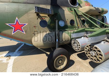 KADAMOVSKIY TRAINING GROUND ROSTOV REGION RUSSIA 26 AUGUST 2017: International military technical forum «ARMY-2017». Missile launcher of heavy military helicopter MI-8AMTSH