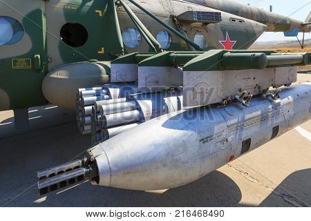KADAMOVSKIY TRAINING GROUND ROSTOV REGION RUSSIA 26 AUGUST 2017: International military technical forum «ARMY-2017». Missile launcher of heavy military helicopter MI-8AMTSH