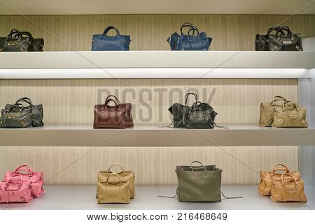 ROME, ITALY - CIRCA NOVEMBER, 2017: Balenciaga bags on display at a second flagship store of Rinascente in Rome.